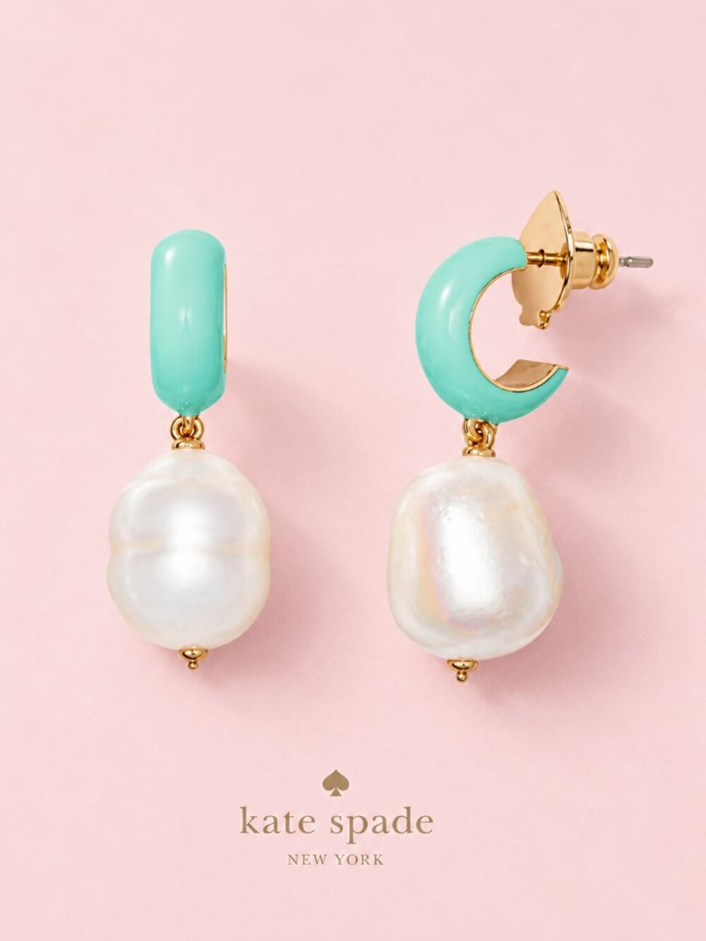 Kate Spade 18K Gold Mint Green Pearl Drop Earrings